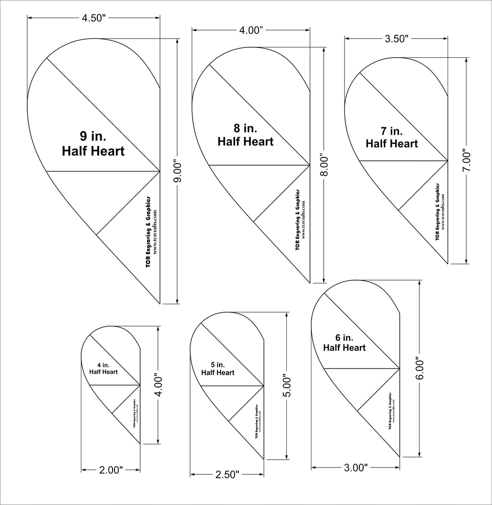 Half Heart Template 6 Piece Set. 4,5,6,7,8,9 Inches- Clear 1/8 Inch Th ...